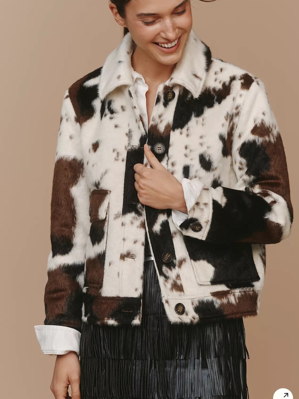New Bernardo x Anthropologie Dakota Faux Fur Cow Print Jacket in Cream and Brown